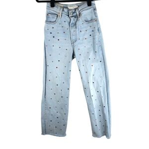 Levi's Premium Blue Light Wash Ribcage Straight Ankle Rhinestones Denim Jeans 25